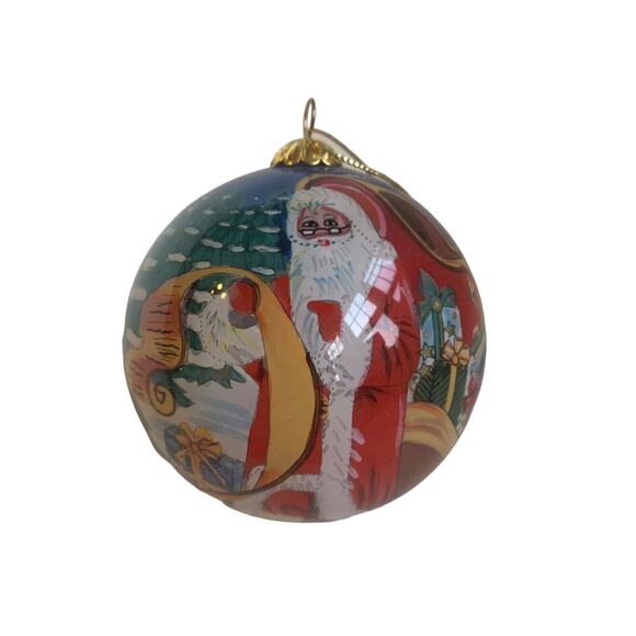 PIER 1 Li Bien Ornament 2004 Reverse Painted Glass Santa Claus North Pole - Picture 1 of 6